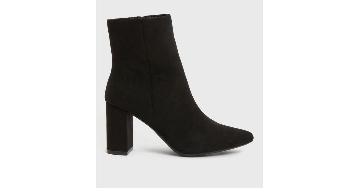 Black Suedette Pointed Block Heel Ankle Boots | New Look