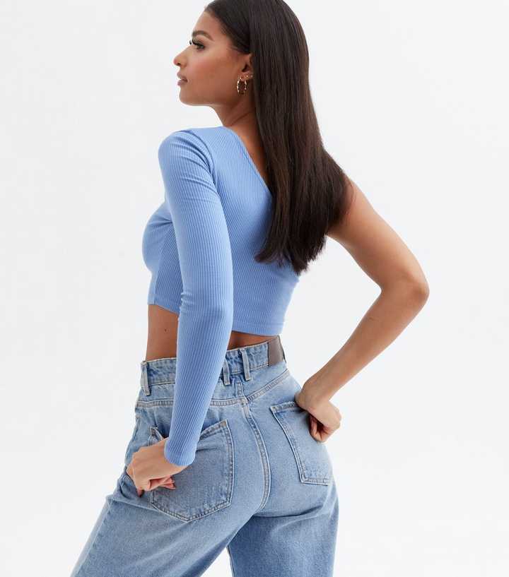 Blue One Shoulder Ring Front Crop Top