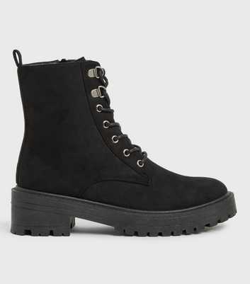 Black Suedette Lace Up Chunky Boots
