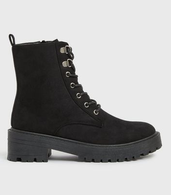 black suedette lace up chunky biker boots