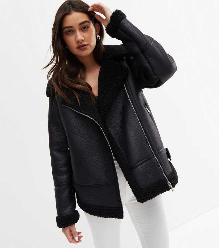 Black Leather-Look Teddy Lined Aviator Jacket | New Look