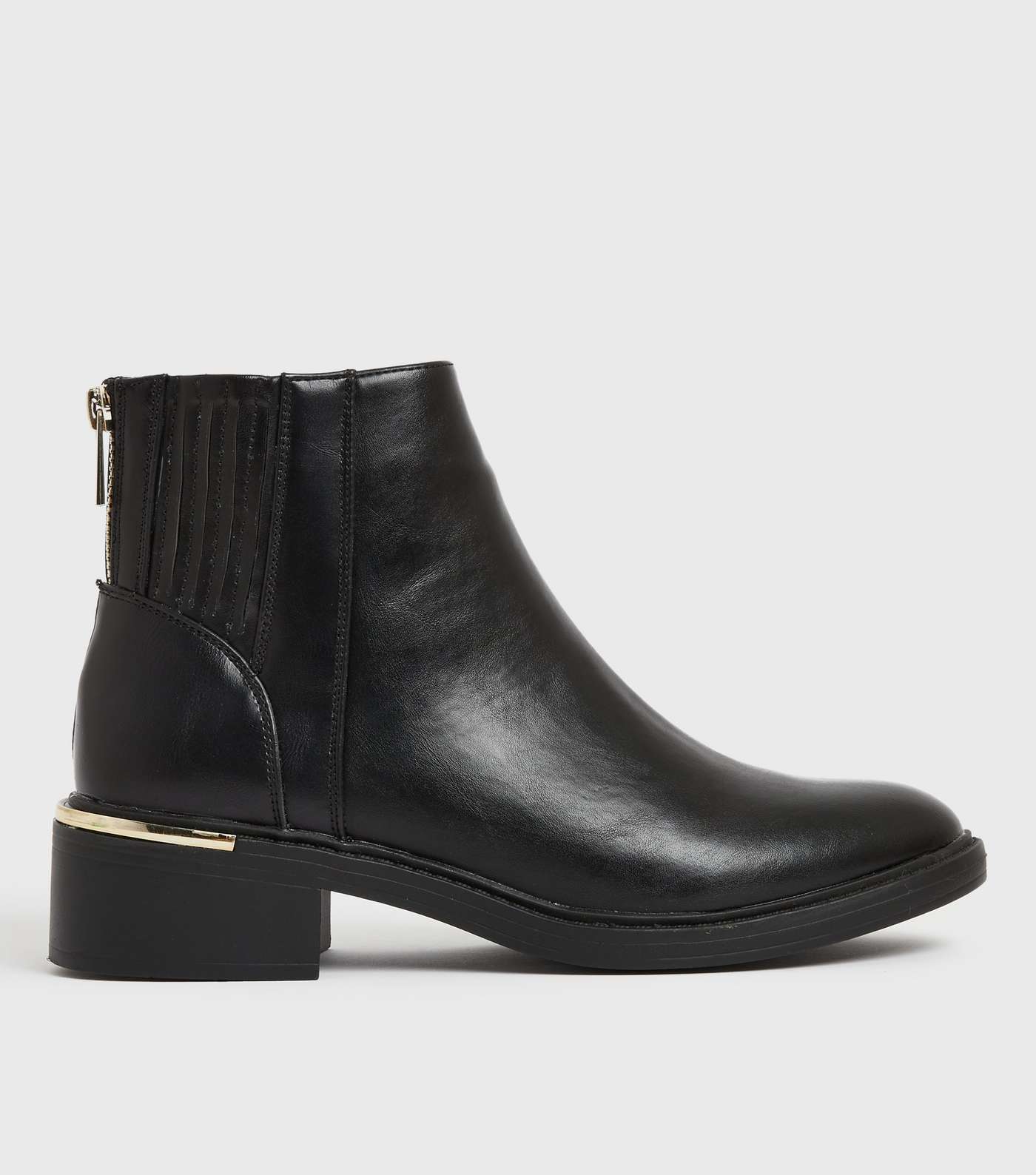Black Leather-Look Zip Back Metal Trim Ankle Boots