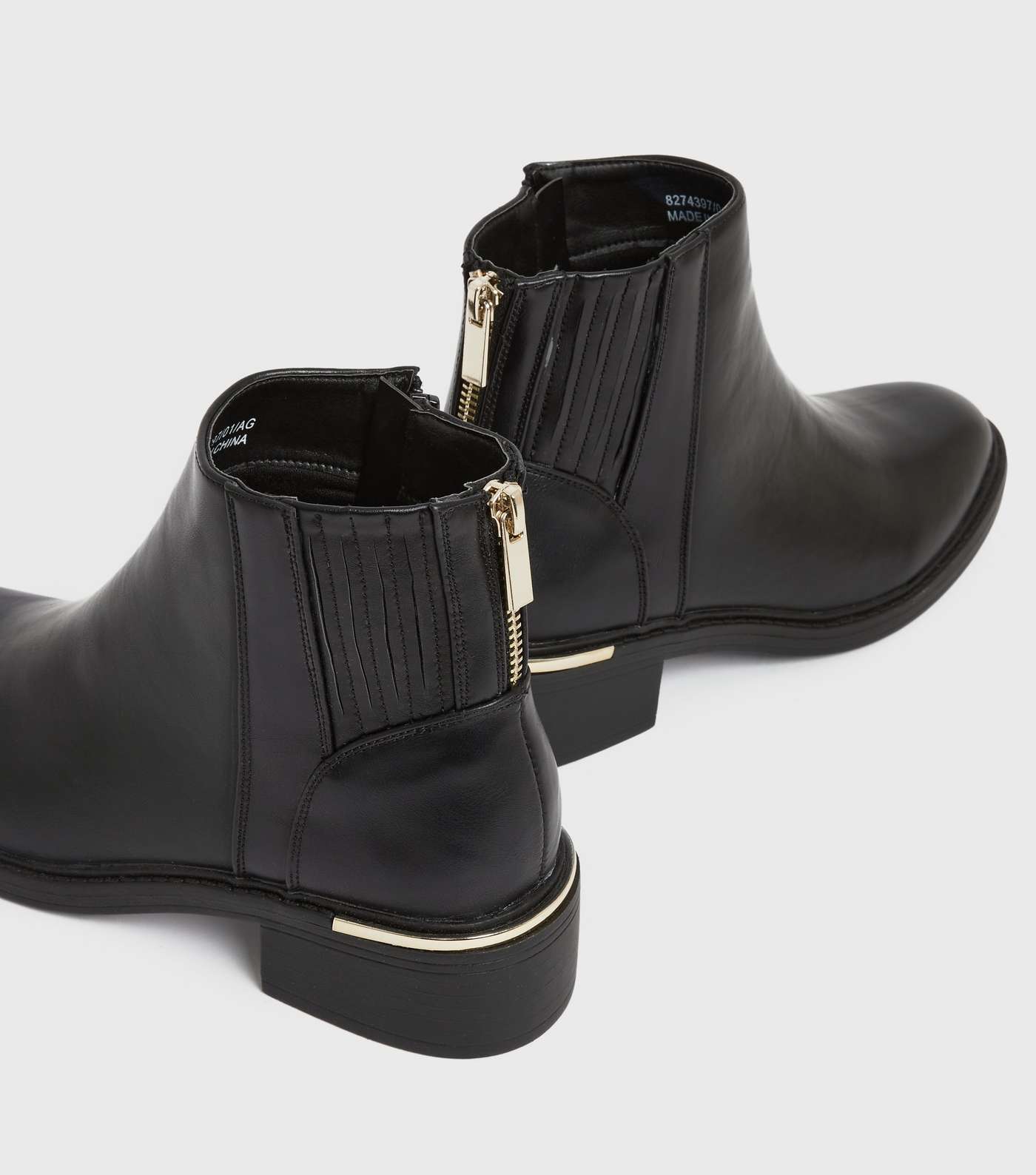 Black Leather-Look Zip Back Metal Trim Ankle Boots Image 3