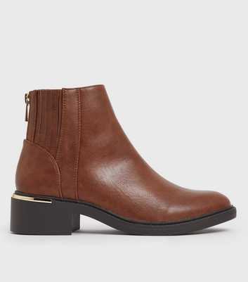 Brown Leather-Look Zip Back Metal Trim Ankle Boots
