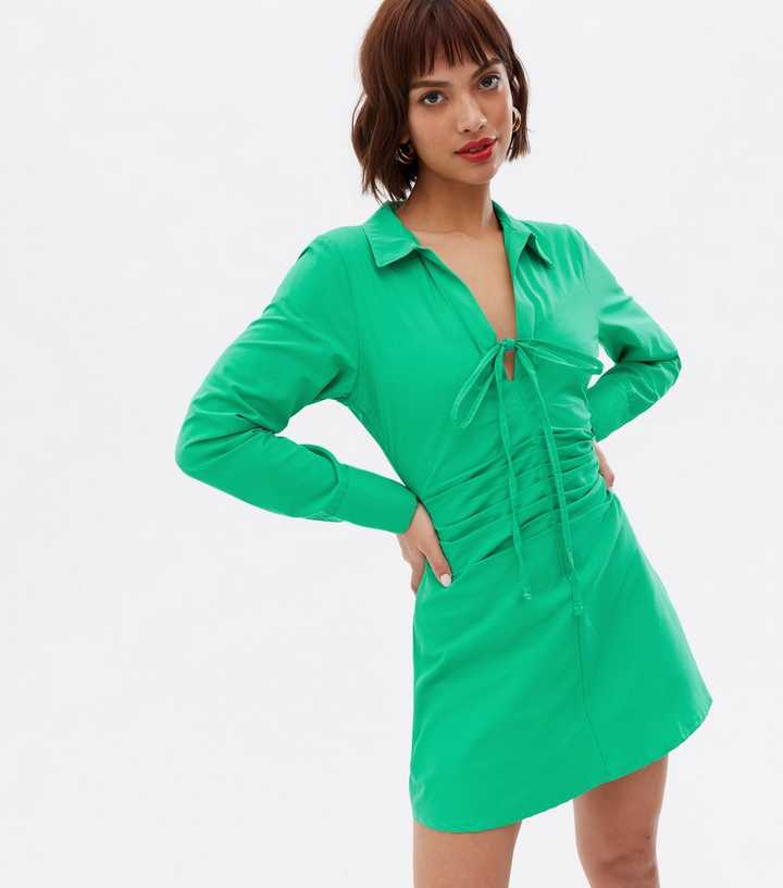 Green Ruched Tie Front Mini Shirt Dress