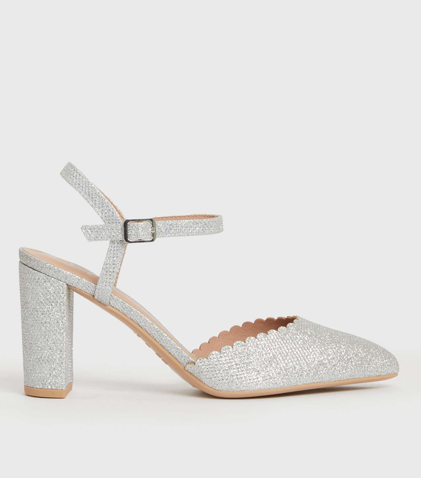 Wide Fit Silver Glitter Scallop Block Heel Court Shoes