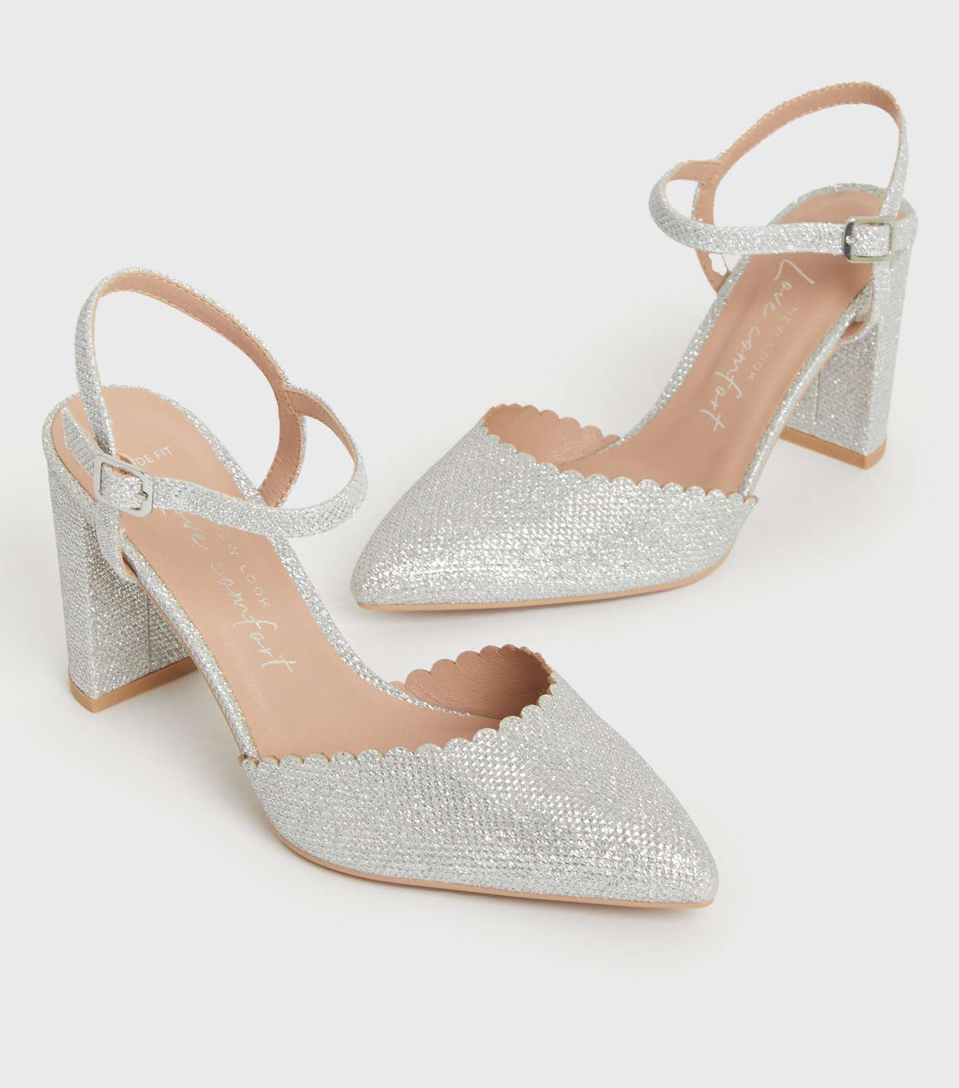 Wide Fit Silver Glitter Scallop Block Heel Court Shoes Image 3