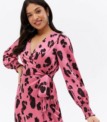 Petite Pink Leopard Print Satin Midi Wrap Dress New Look