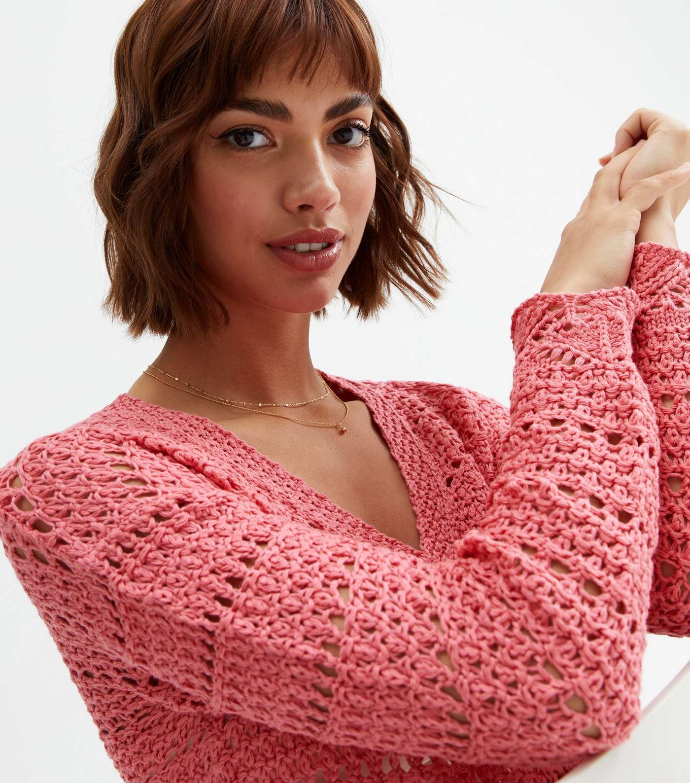Bright Pink Crochet Long Sleeve Button Cardigan Image 3