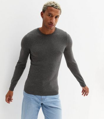 Dark Grey Fine Knit Crew Neck Muscle 