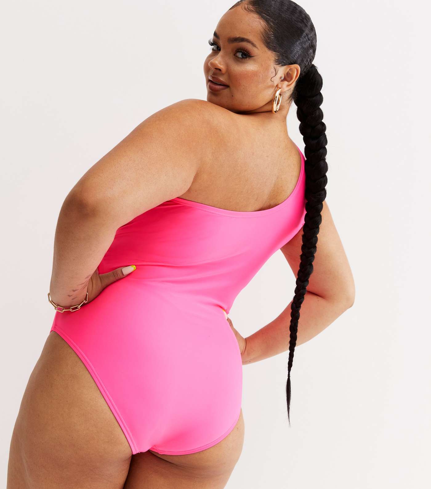Beach Babe Bright Pink One Shoulder Swimsuit Image 4