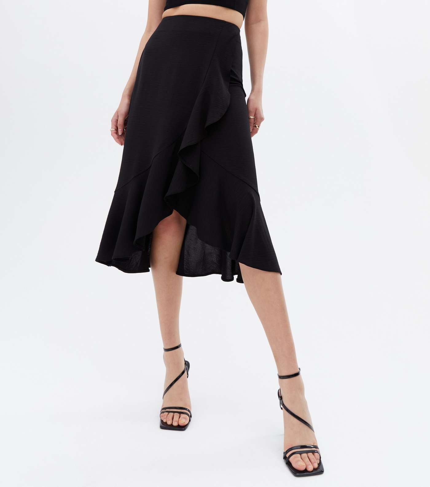 Black High Waist Ruffle Midi Wrap Skirt Image 2