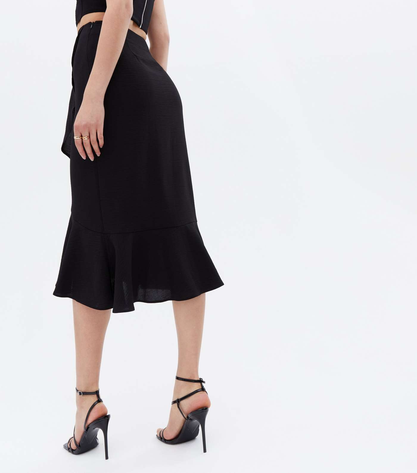 Black High Waist Ruffle Midi Wrap Skirt Image 4