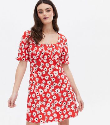 Red Floral Crinkle Jersey Ruched Mini Dress New Look