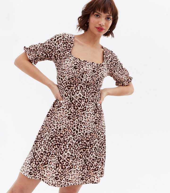 Brown Leopard Print Crinkle Jersey Ruched Mini Dress