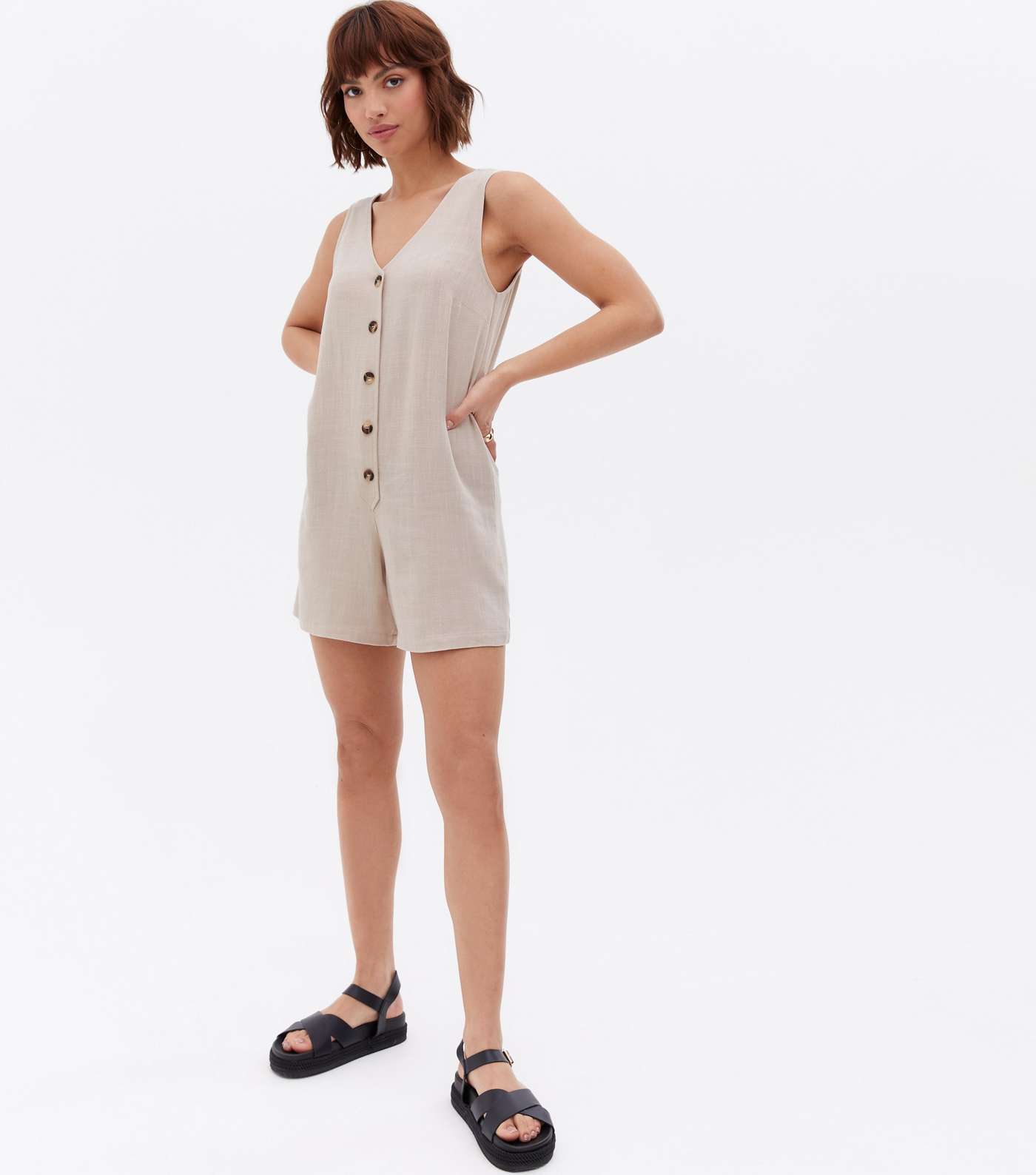 Stone Linen-Look Button Front Sleeveless Playsuit Image 2