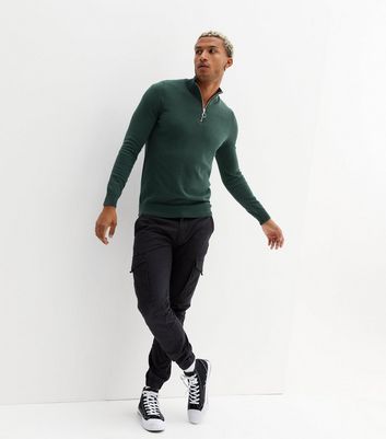 Herrenmode Bekleidung für Herren Dark Green Zip Funnel Neck Slim fit Jumper