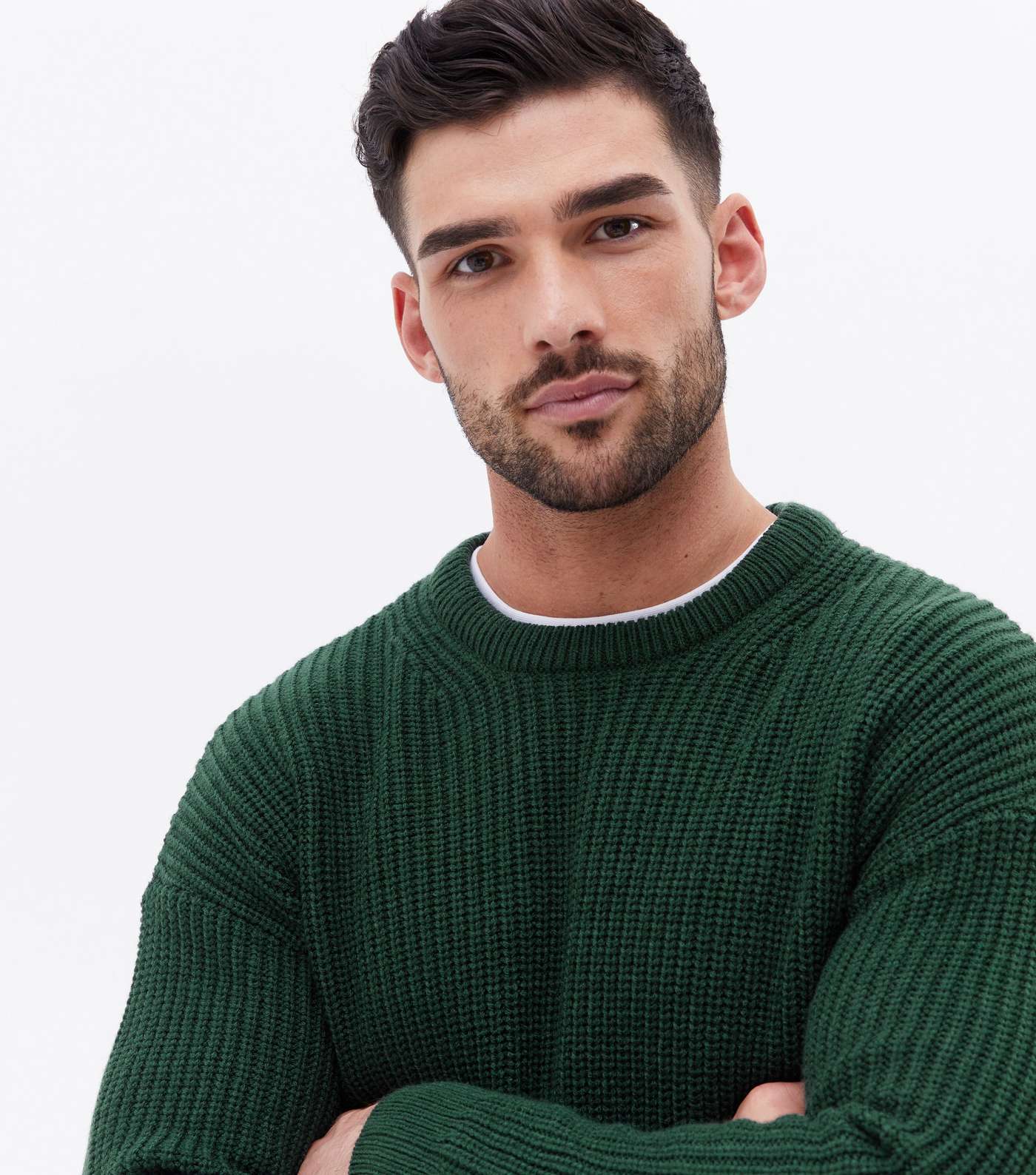 Dark Green Fine Knit Relaxed Fit Crew Neck Jumper Image 3