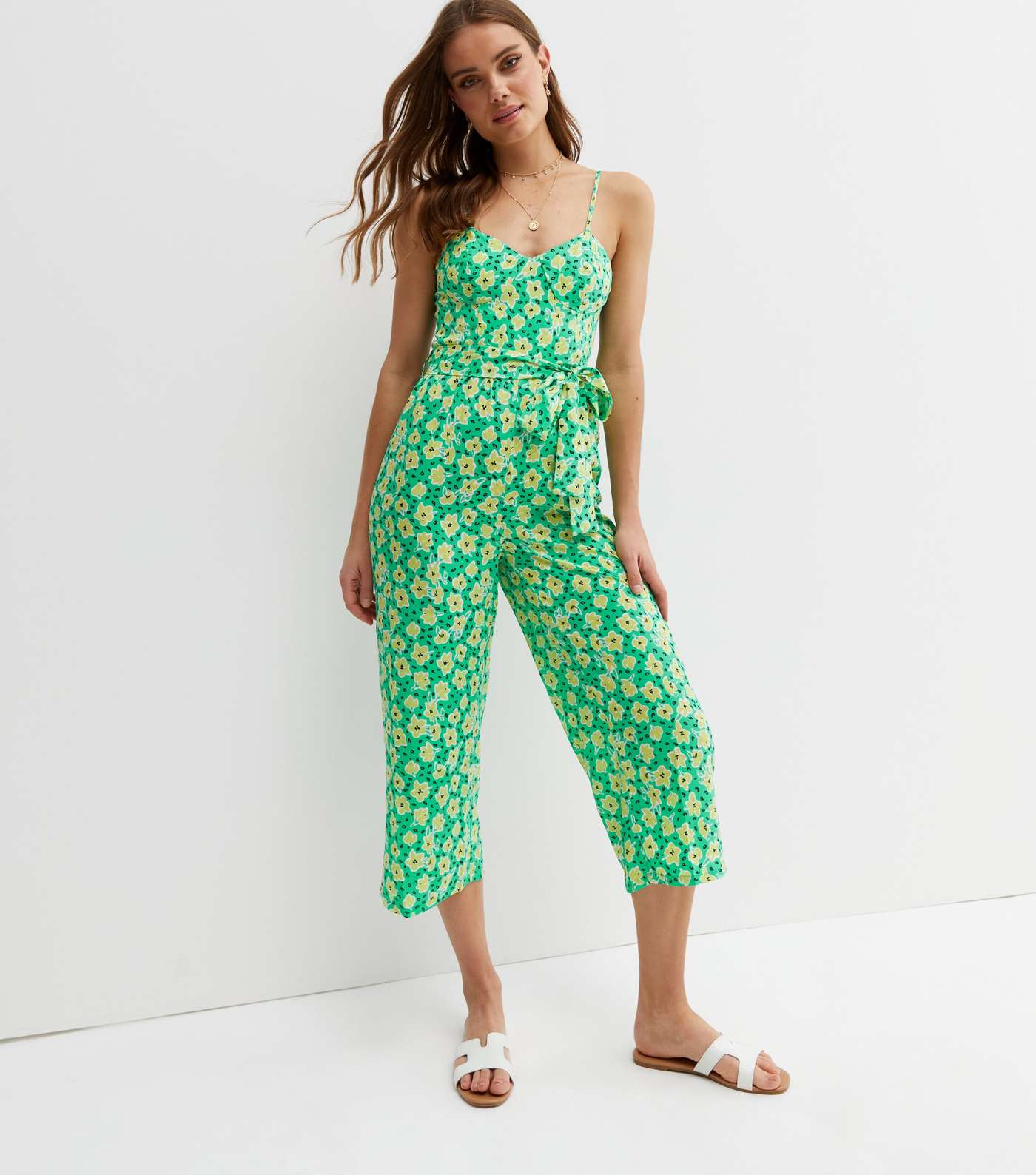 Green Floral Bustier Strappy Crop Jumpsuit Image 2