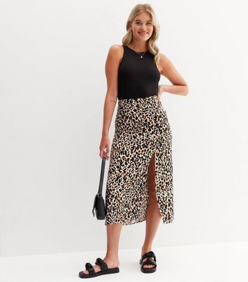 Tall Brown Leopard Print Split Hem Midi Skirt