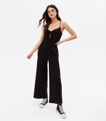 Black Crinkle Strappy Tie Front Jumpsuit New Look