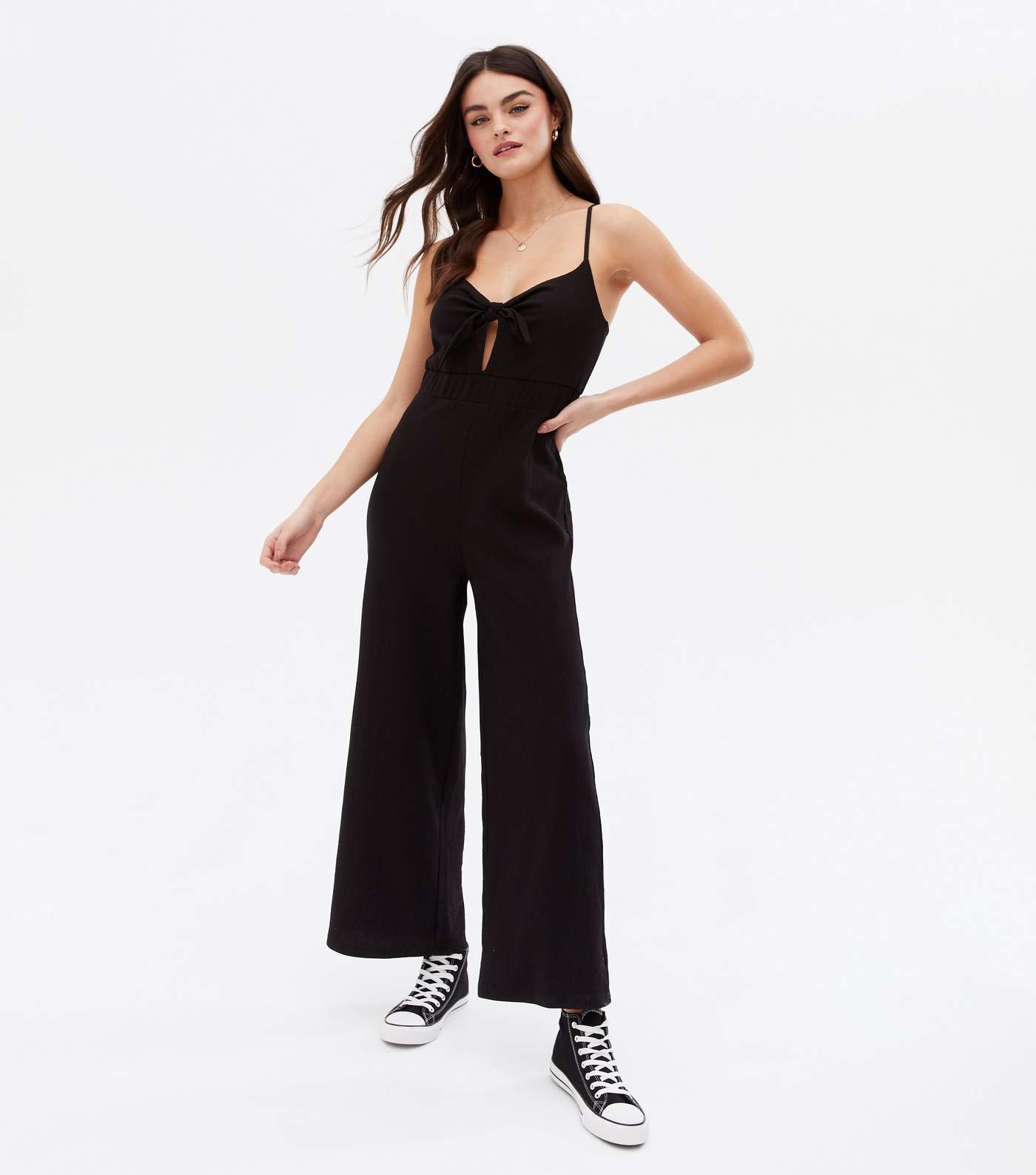 Black Crinkle Strappy Tie Front Jumpsuit