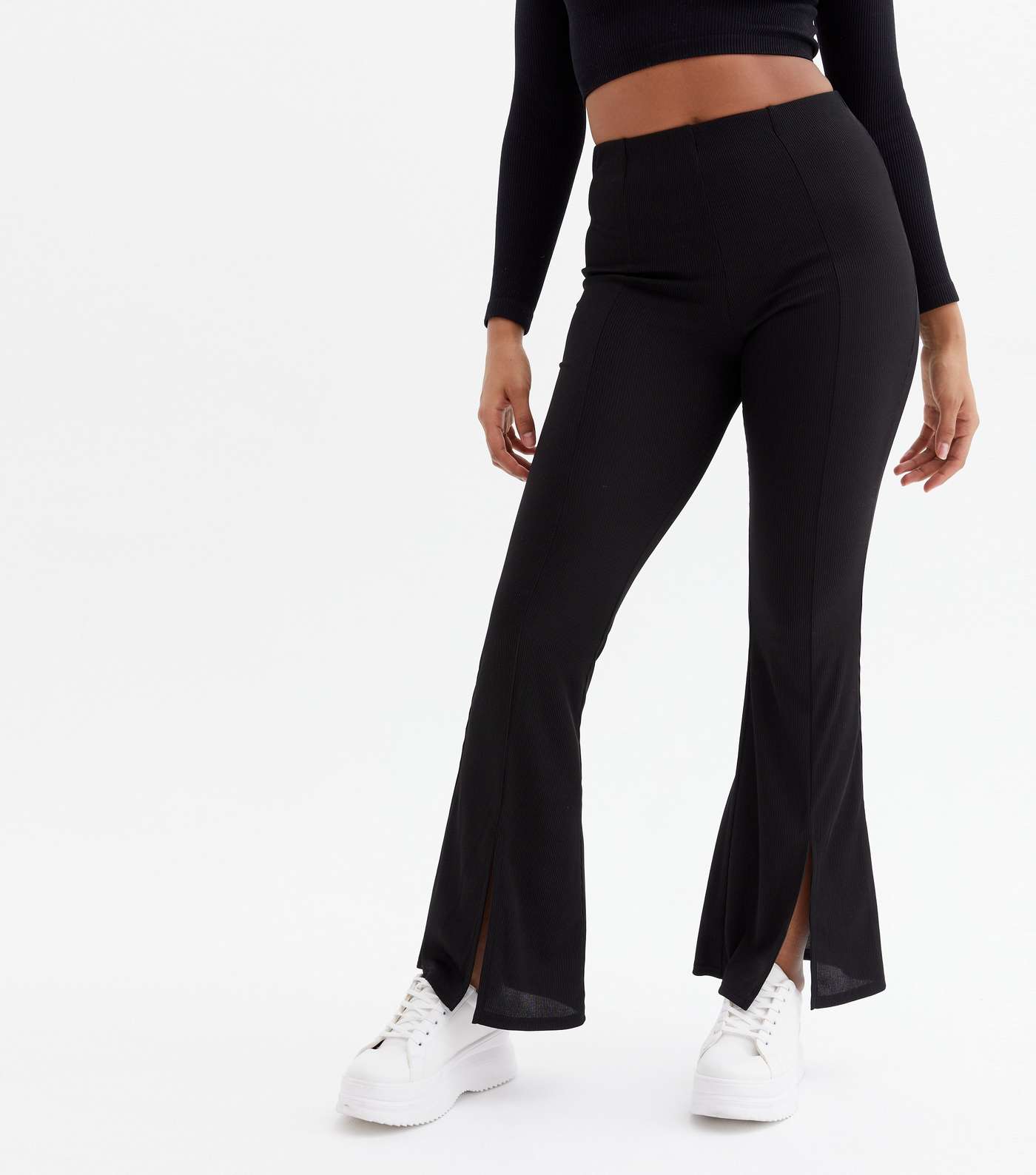 Black Ribbed Split Front Flared Trousers Image 3