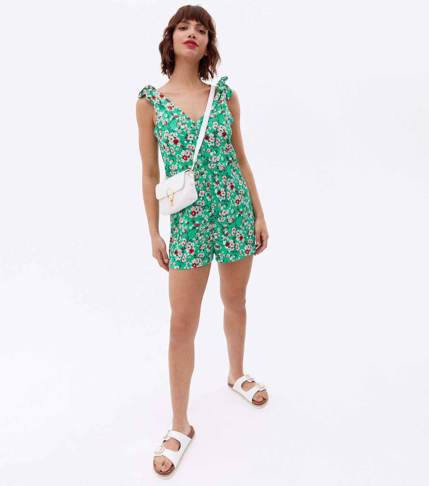 Green Floral Crinkle Jersey Tie Strap Playsuit Image 2