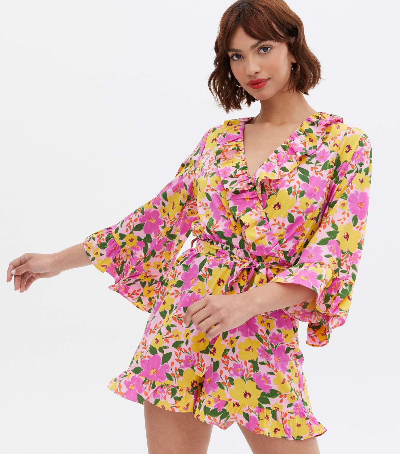 Purple Floral Frill 3/4 Sleeve Wrap Playsuit