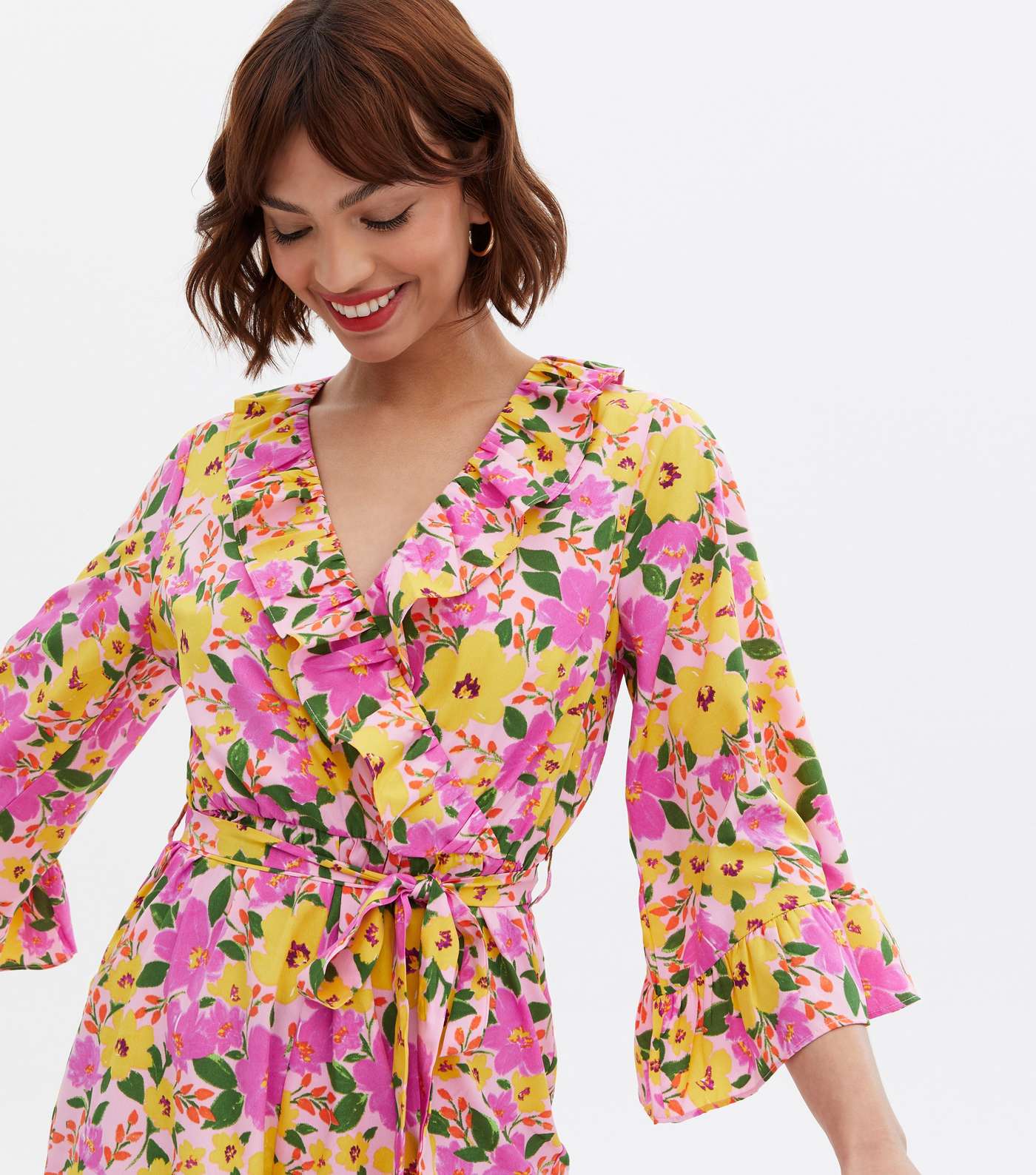 Purple Floral Frill 3/4 Sleeve Wrap Playsuit Image 3