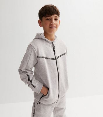 Boys Grey Zip Tape Logo Hoodie New Look