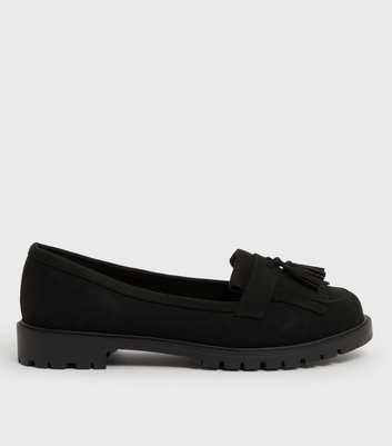 Wide Fit Black Suedette Tassel Chunky Loafers