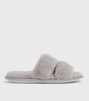 Boo fluffy stripe slipper best sale in grey faux fur