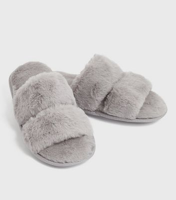 Boo fluffy stripe slipper online in grey faux fur