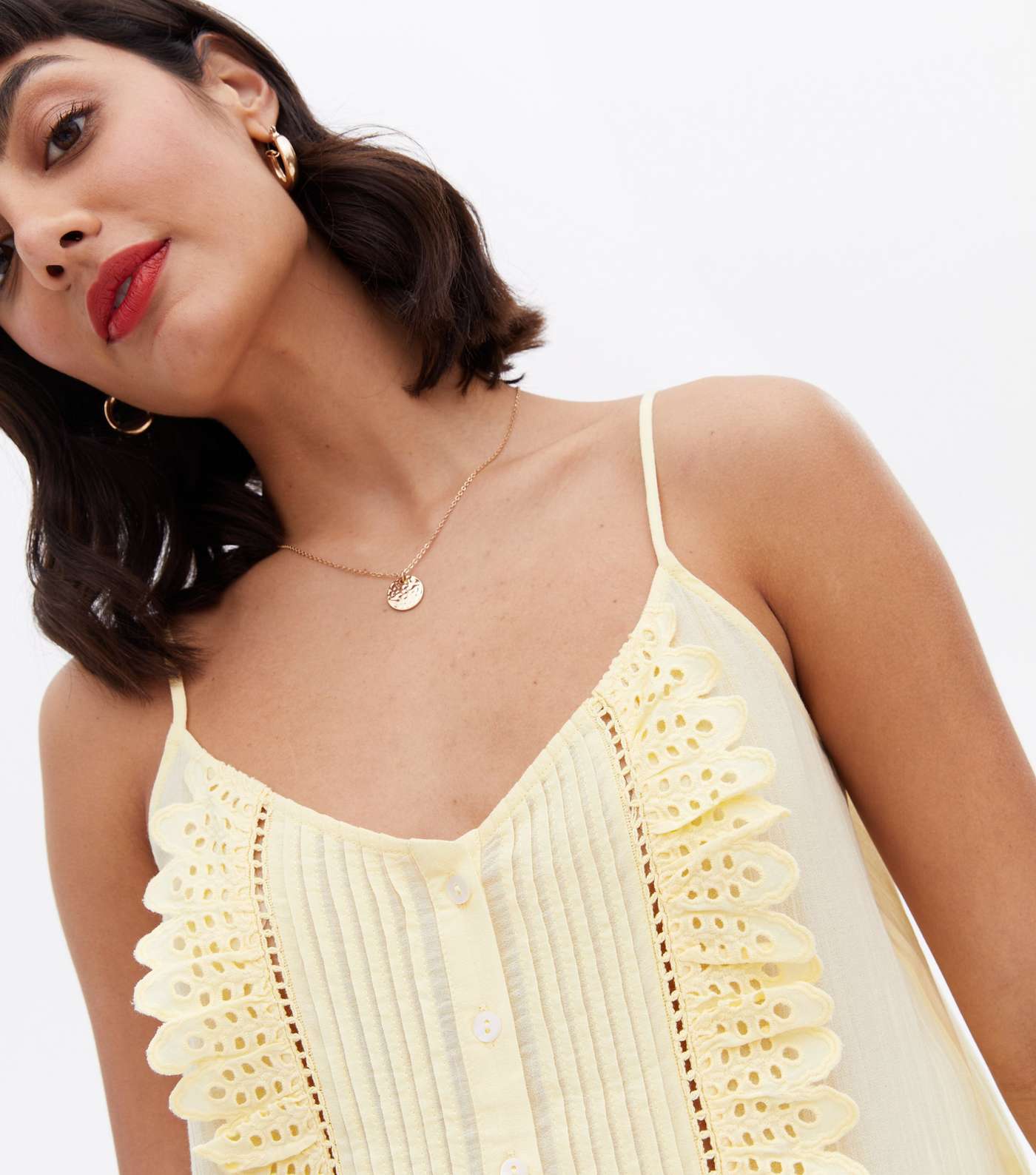 Pale Yellow Broderie Frill Peplum Cami Image 3