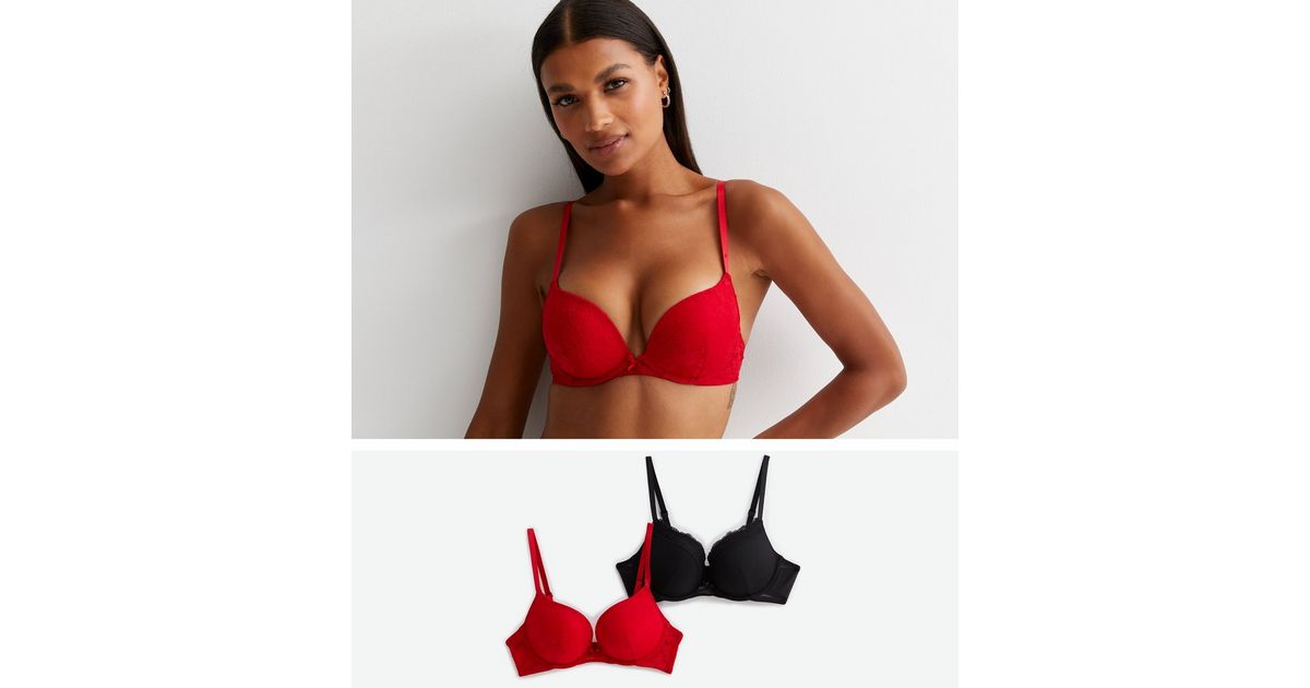 2 Pack Black and Red Lace Push Up Bras | New Look