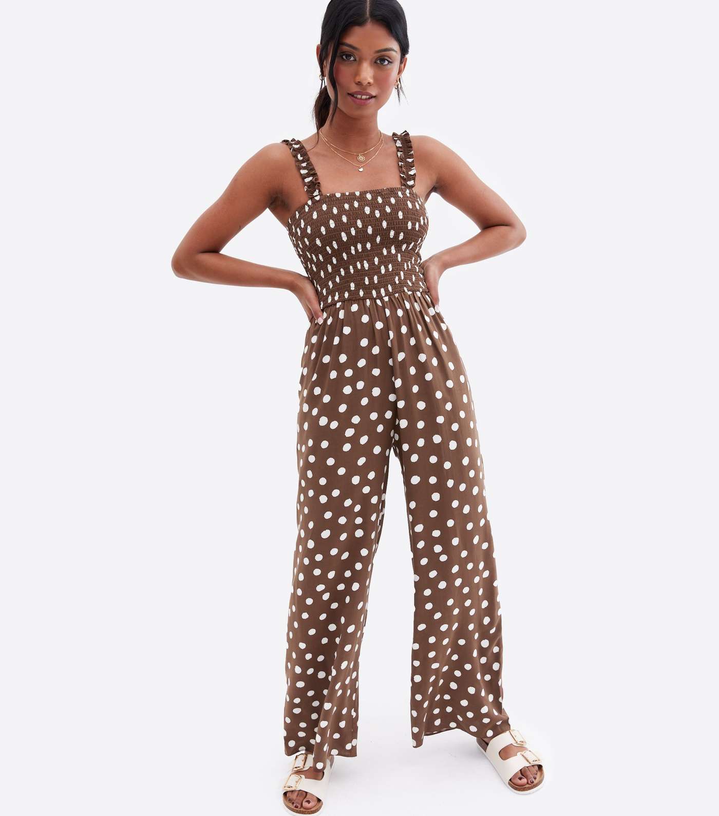 Brown Spot Shirred Frill Strap Jumpsuit