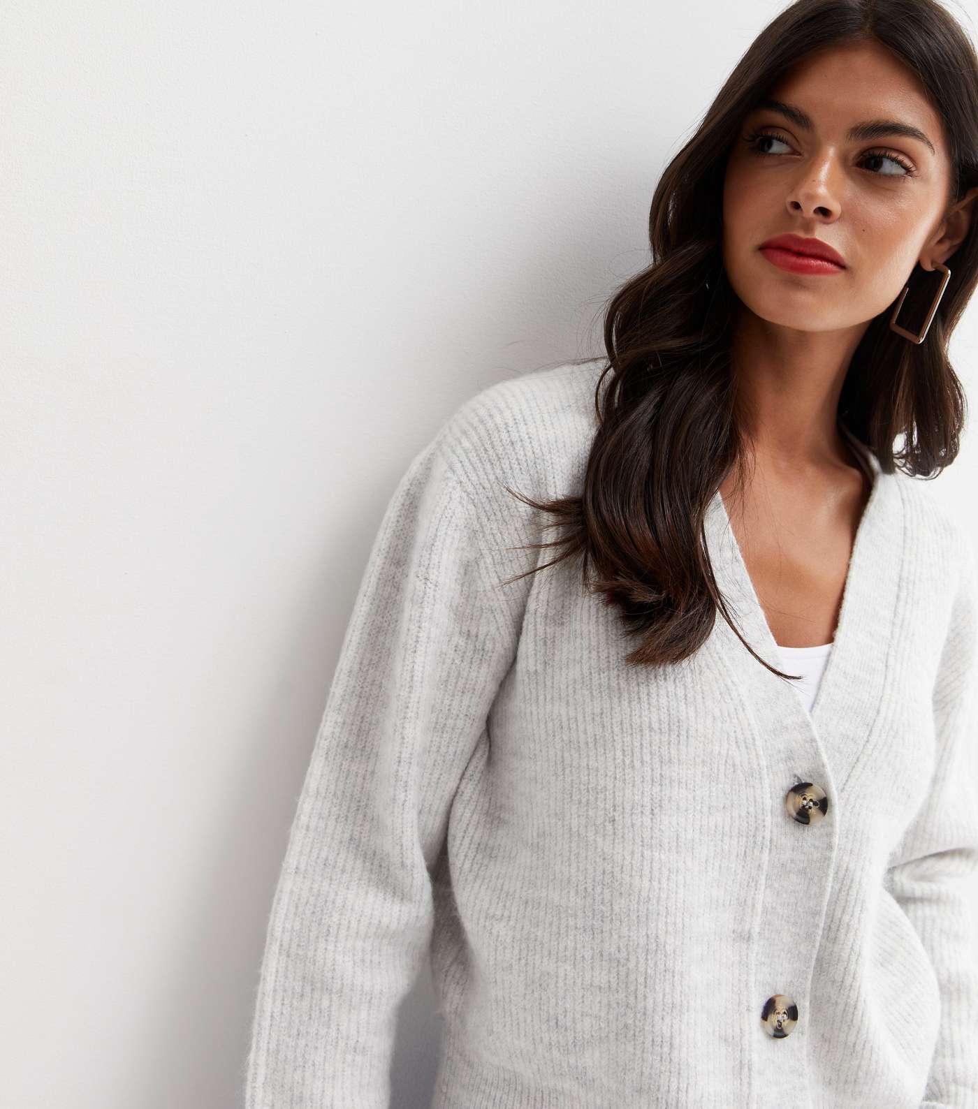 Pale Grey Ribbed Knit Button Cardigan