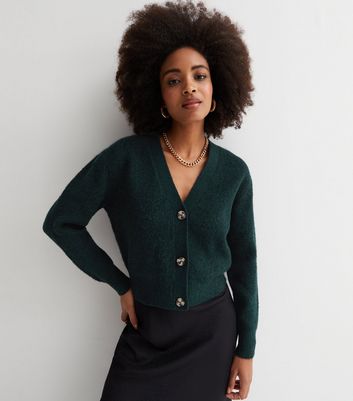 Dark Green Ribbed Knit Button Cardigan | New Look