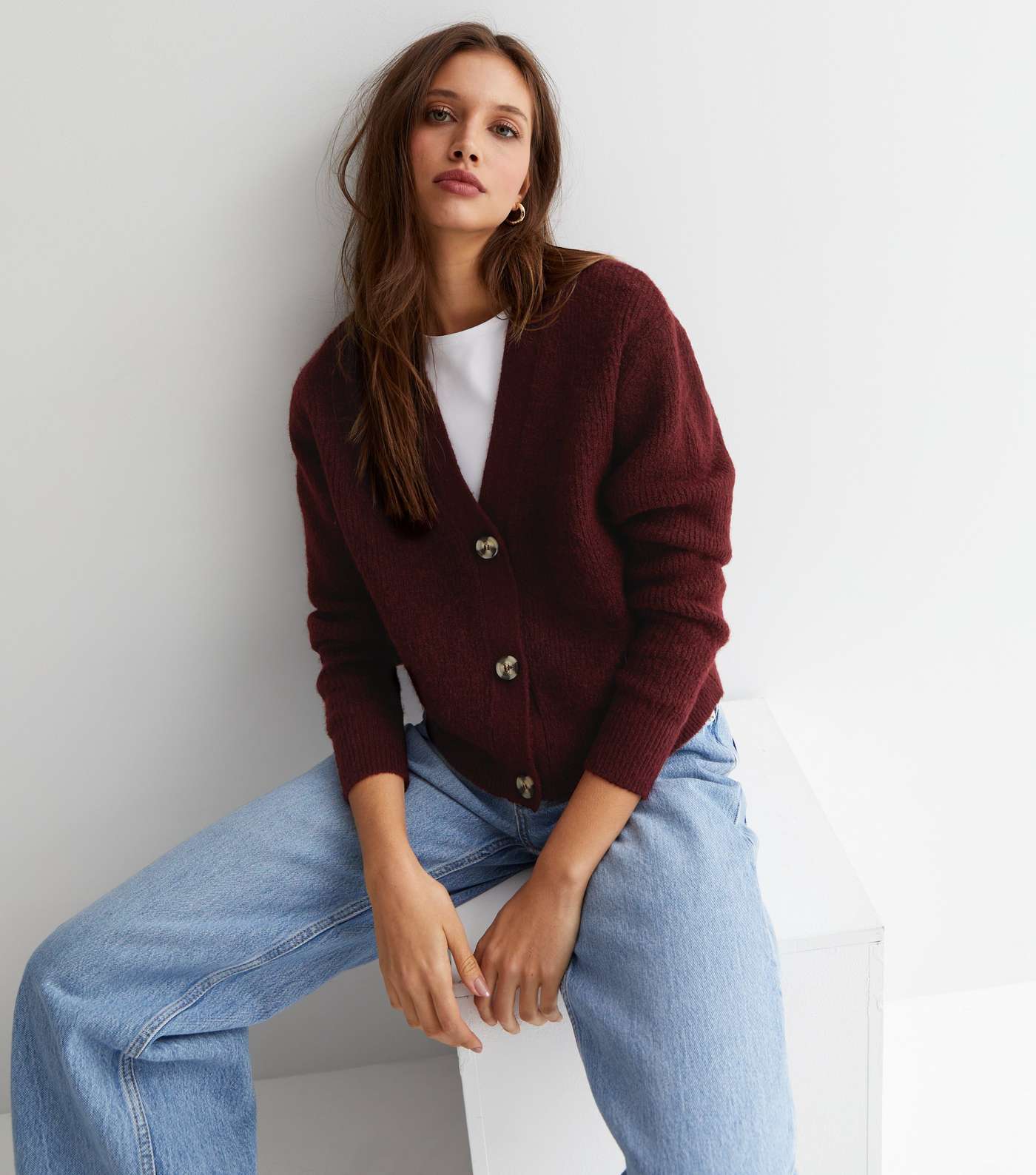 Burgundy Ribbed Knit Button Cardigan