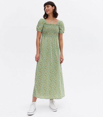 Blue Vanilla Green Ditsy Floral Shirred Midi Dress New Look