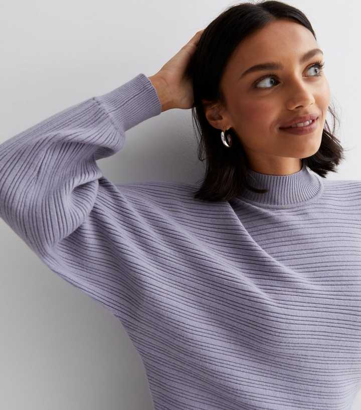 Blue Ribbed High Neck Crop Jumper