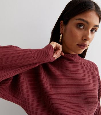 Burgundy Ribbed High Neck Crop Jumper 