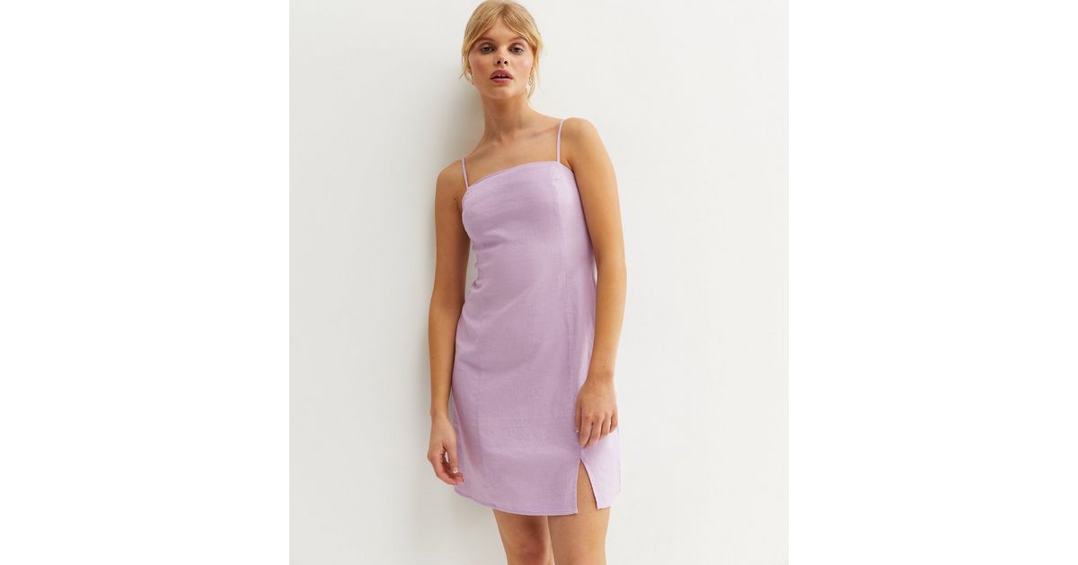 Lilac Linen Blend Square Neck Mini Dress