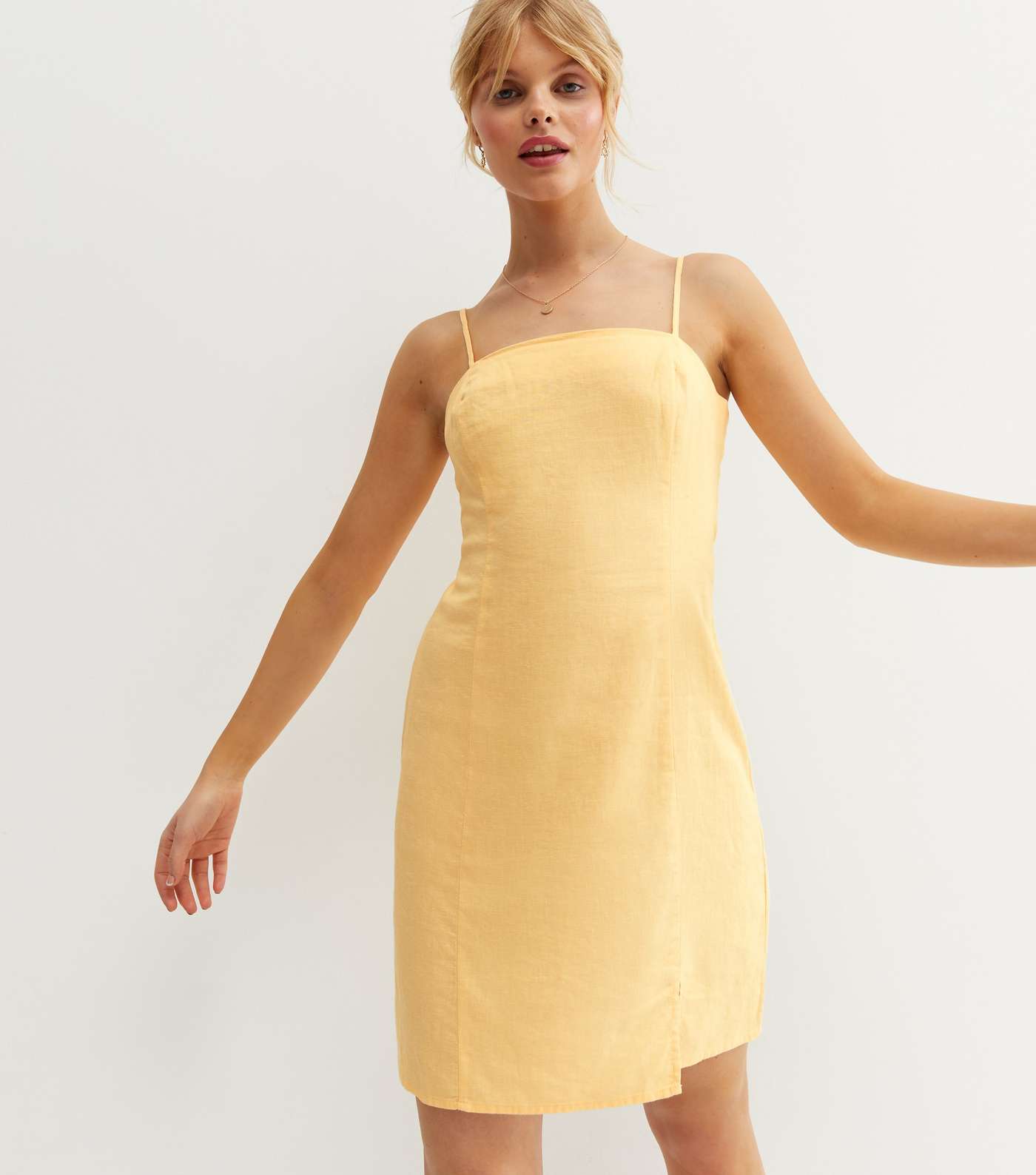 Pale Yellow Linen Blend Square Neck Mini Dress Image 2