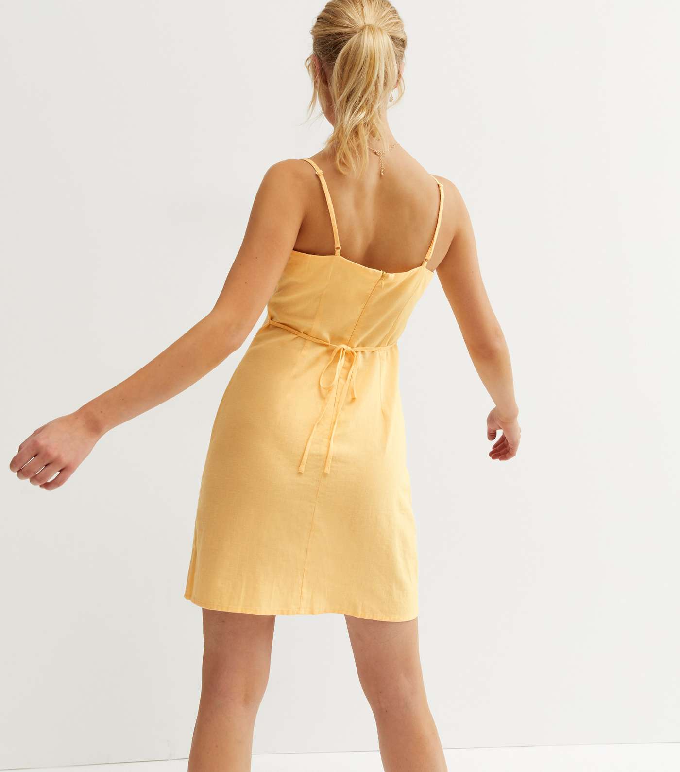 Pale Yellow Linen Blend Square Neck Mini Dress Image 4