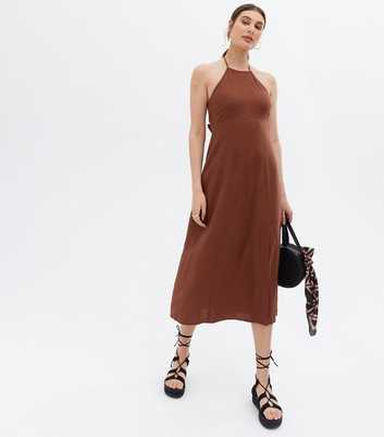 Dark Brown Linen Blend Halter Tie Back Midi Dress