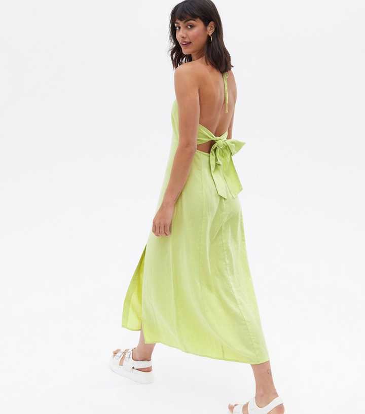 Light Green Linen Blend Halter Tie Back Midi Dress | New Look
