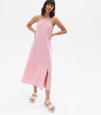 Mid Pink Linen Blend Halter Tie Back Midi Dress