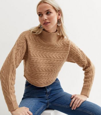 Camel Cable Knit High Neck Crop Jumper | New Look